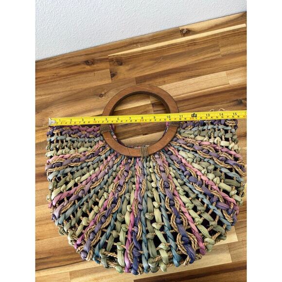 Vtg Capelli Straworld Dorfman Pacific Straw Bag Multicolored Pastel Wood Handles - Picture 3 of 5